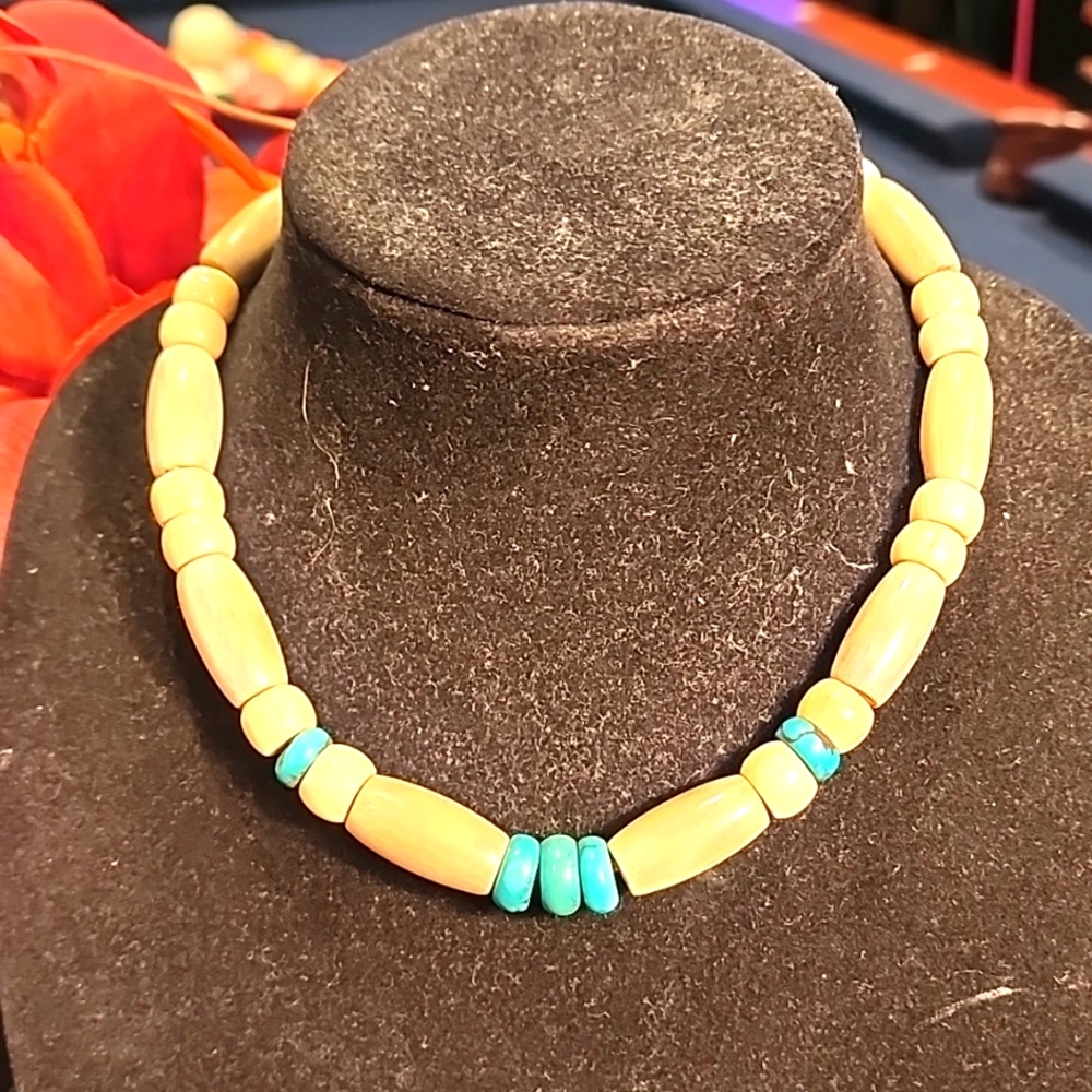 Bone and Turquoise And Leather Choker - Picture 1 of 4